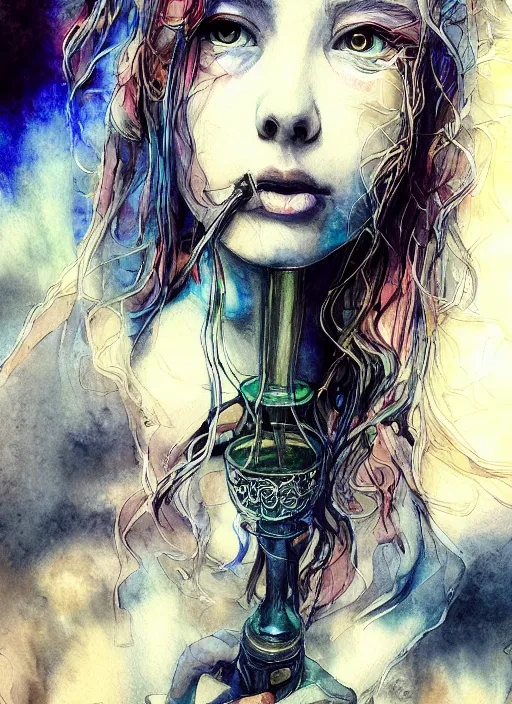 Prompt: portrait, beautiful Stoner hippy girl, sitting down, smoking a magical bong, watercolor, dramatic lighting, cinematic, establishing shot, extremely high detail, foto realistic, cinematic lighting, pen and ink, intricate line drawings, by Yoshitaka Amano, Ruan Jia, Kentaro Miura, Artgerm, post processed, concept art, artstation, matte painting, style by eddie mendoza, raphael lacoste, alex ross