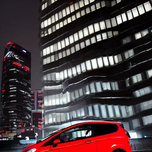 Image similar to red ford fiesta mk 5 zetec in tokyo spain, award winning photograph, night time