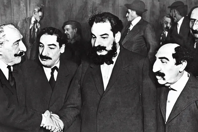 Image similar to the marx brothers at the yalta conference 1 9 4 5, famous photograph