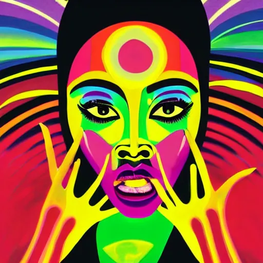 Prompt: closeup portrait of a black woman with yellow eyes and a rainbow background, digital art by tomokazu matsuyama, by ed paschke, behance contest winner, generative art, irridescent, retrowave, grain, androgynous, black background