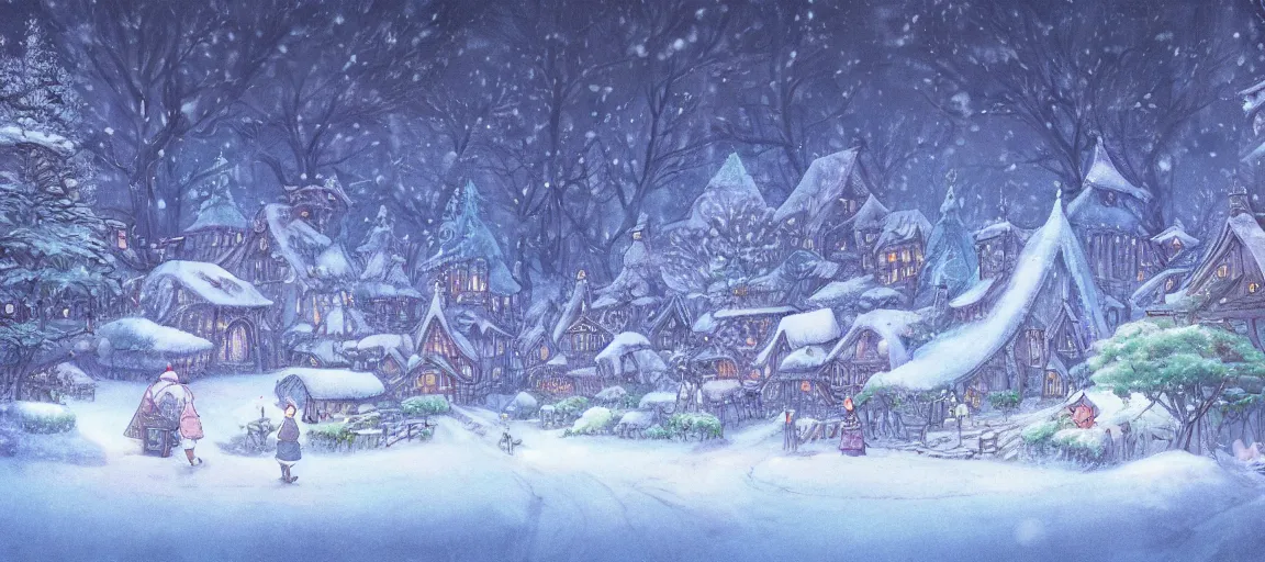 Image similar to Beautiful detailed high quality illustration of an enchanted magical village, beautiful forest on background::early morning mood, glowing snow::art by Ghibli Studio, trending on artstation