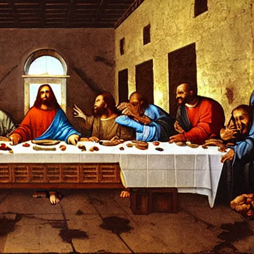 Prompt: Jesus eating KFC at the last supper, Leonardo da Vinci