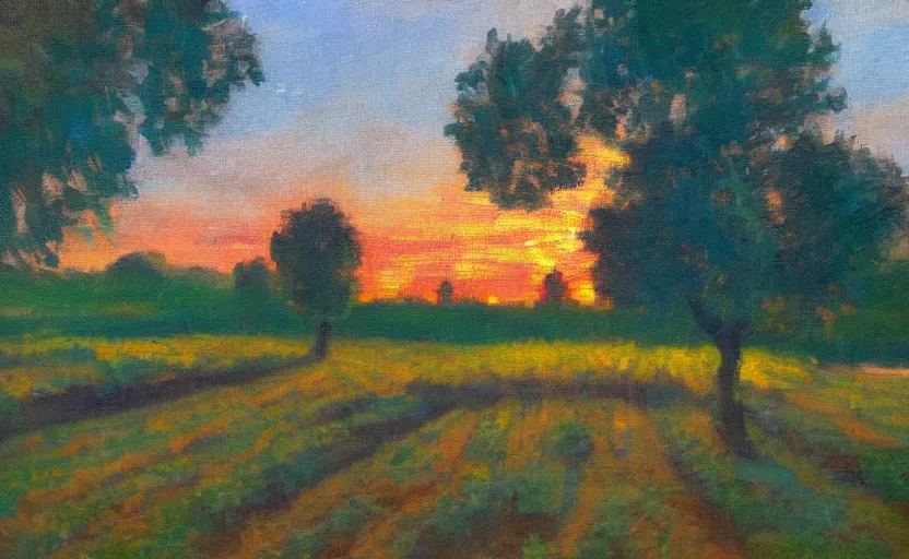 Prompt: an orchard at sunset, impressionist painting, oil on canvas, golden hour, beautiful lighting