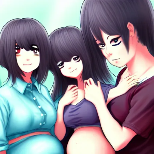 Image similar to cute girl pregnant with triplets at 4 0 weeks, baby movings in belly, anime art, trending on pixiv