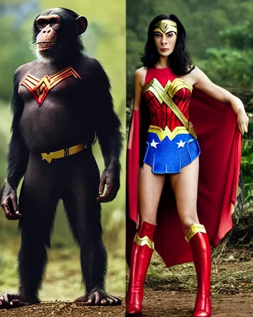 Image similar to a Chimpanzee dressed as Wonder Woman stands next to Clint Eastwood photographed in the style of Annie Leibovitz, photorealistic