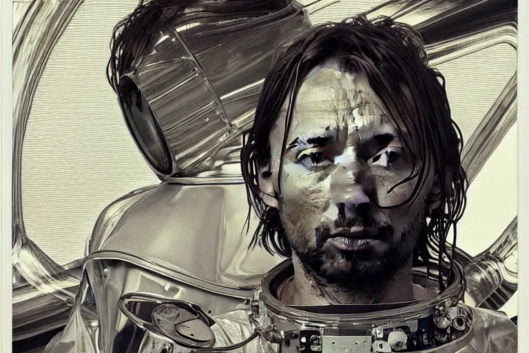 Image similar to hyper realistic portrait of thom yorke singer songwriter, side, liminal space, spacesuit, waterline, reflections, by lee bermejo, alphonse mucha and greg rutkowski