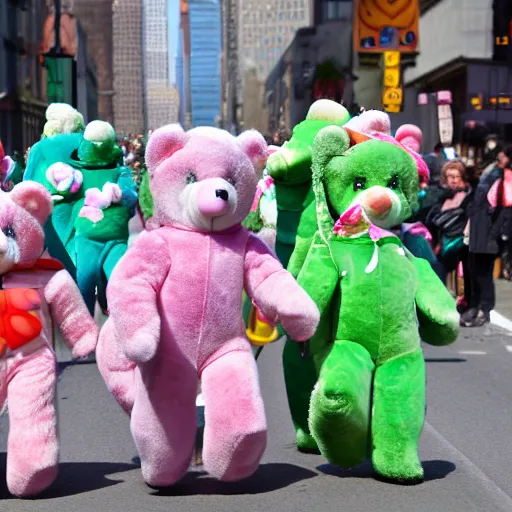 Image similar to a parade of stuffed care bears marching down 5 th ave manhattan on st. patrick's day, 8 k, photo realistic, extremely life like