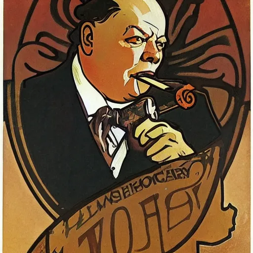 Image similar to alphonse mucha portrait of Winston Churchill as the God of War, smoking a cigar, detailed, stylized, realistic, deep hues, cool tones, dark, strong