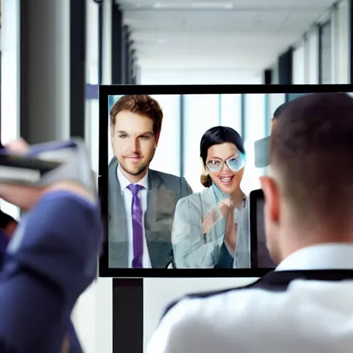 Prompt: realistic office workers looking at a tv in a glass-walled conference room