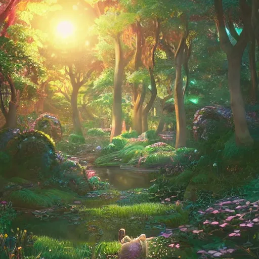 Image similar to the aesthetic view of the beautiful, grand, wistful, dreamy hidden forest at dusk, hyperrealistic anime illustration by iralki nadar, colorful, extremely detailed, intricate linework, super sharp focus, bright colors, octopath traveler, studio ghibli, unreal engine 5 highly rendered, global illumination, radiant light, detailed and intricate environment