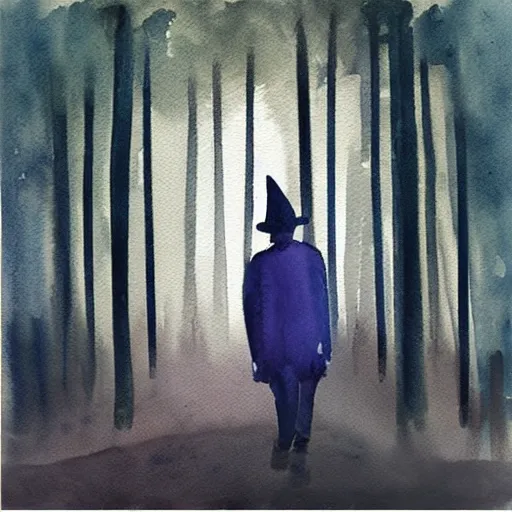 Prompt: “watercolor painting of a mysterious man in a pointy hat walking through the forest and singing, 8k, ethereal lighting”