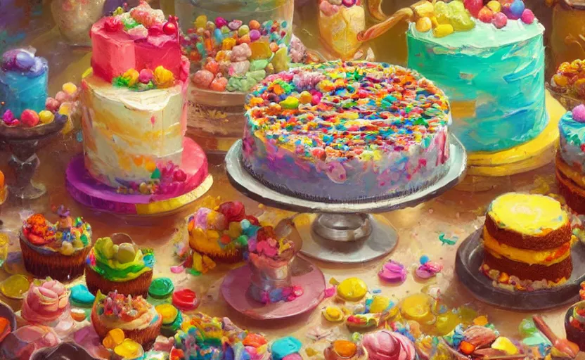 Image similar to a colorful digital painting of a cake with lots of sweets on it, by greg rutkowski and james gurney, sharp details, 8 k, highly detailed, matte background, trending on artstation