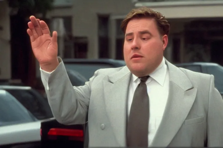 Prompt: cinematic still of portly clean-shaven white man wearing suit and necktie and short curly blond hair as car salesman in 1994 film, XF IQ4, f/1.4, ISO 200, 1/160s, 8K, RAW, dramatic lighting, symmetrical balance, in-frame