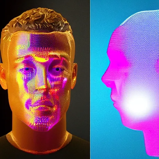 Image similar to a 3d human head made up of shiny holograms