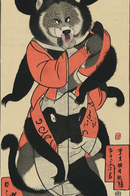 Image similar to ukiyo-e ukiyoe portrait of furry anthro anthropomorphic badger head animal person fursona wearing clothes sitting in a living room