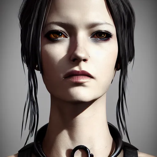 Image similar to detailed realistic cyberpunk female character cyberpunk wearing leather steel collar around neck, realistic, art, beautiful, 4K, collar, choker, collar around neck, punk, artstation, detailed, female, woman, choker, cyberpunk, neon, punk, collar, choker, collar around neck, thick collar, choker around neck, wearing choker, wearing collar,