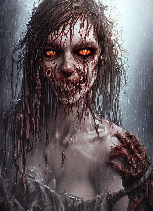 Image similar to digital painting of a wet zombie in the rain by filipe pagliuso and justin gerard, fantasy, highly detailed, realistic, intricate, glowing eyes