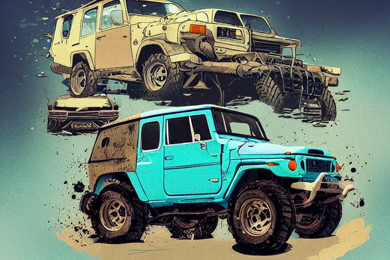 Image similar to digital illustration of a faded cyan mad max's fj 4 0 decrepit!!!! pursuit special, rusty!!! nissan fj cruiser heavily modded 1 9 9 0 s, the last v 8 interceptor by makoto shinkai, ilya kuvshinov, lois van baarle, rossdraws, basquiat