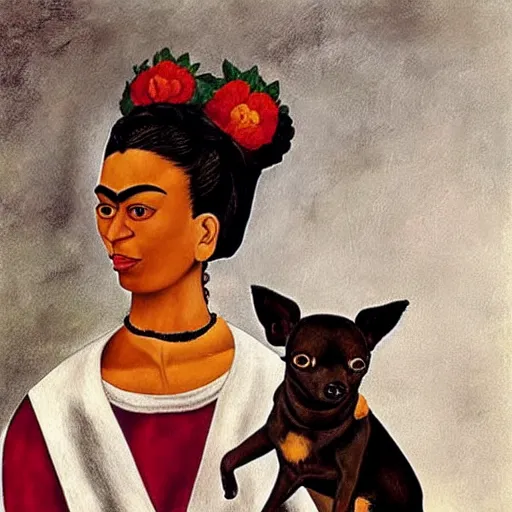 Prompt: a woman and her black and brown chihuahua by frida kahlo