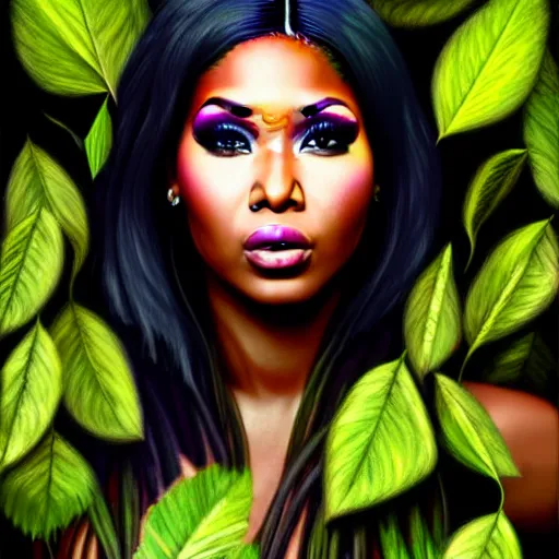 Image similar to nicki minaj clothed in leaves digital painting, photorealistic, in the style of greg rutkowski, full body, detailed face