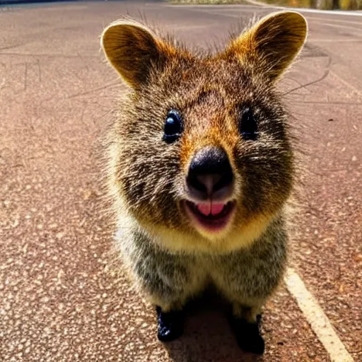 Image similar to happy quokka wearing a suit and a hat, taking a selfie, golden hour, realistic