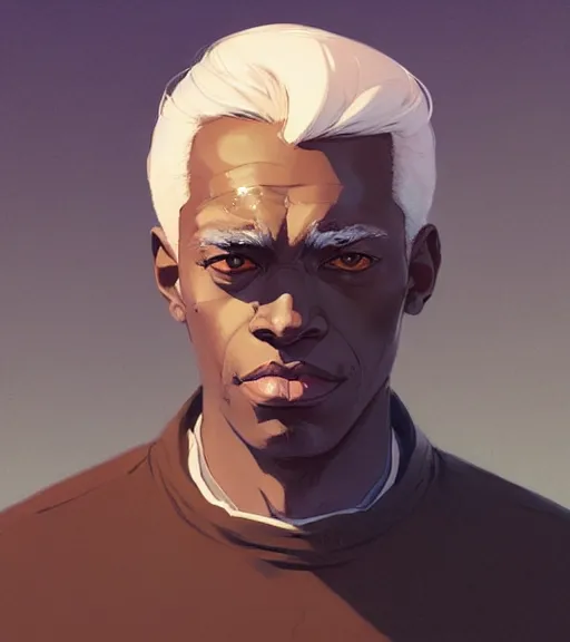 Image similar to portrait of a man, dark skin, white hair by atey ghailan, by greg rutkowski, by greg tocchini, by james gilleard, by joe fenton, by kaethe butcher, dynamic lighting, gradient light blue, brown, blonde cream and white color scheme, grunge aesthetic