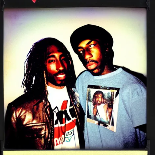 Prompt: Polaroid photograph of very Kurt Cobain and very Tupac Shakur in a club, blurry, XF IQ4, 150MP, 50mm, F1.4, ISO 200, 1/160s, natural light, Adobe Lightroom, photolab, Affinity Photo, PhotoDirector 365,