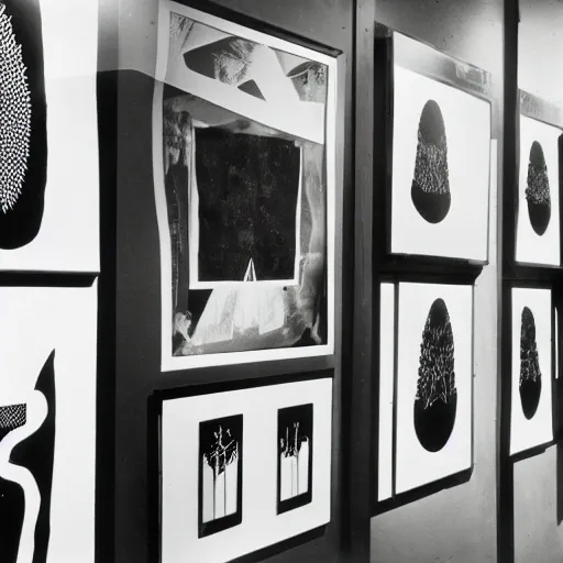 Image similar to A black and white photography in sérigraphie of an exhibition space with works of Sun Ra, Marcel Duchamp and tropical plants - W 1280