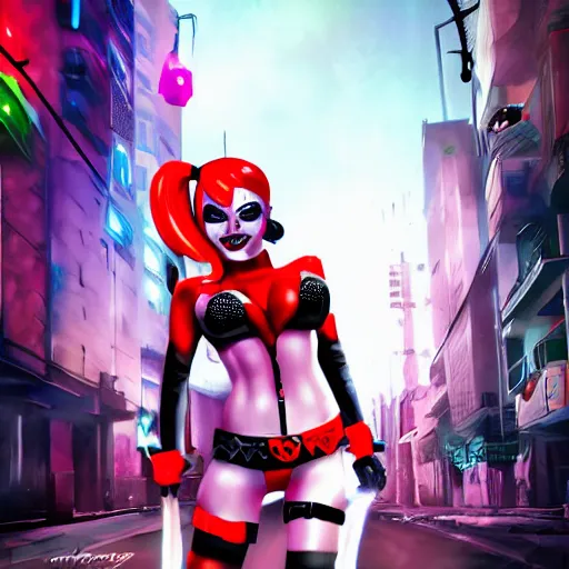 Prompt: Madison ivy as Harley Quinn in a cyberpunk street, concept art, digital art, well detailed, trending on artstation, with neon colors, 8k
