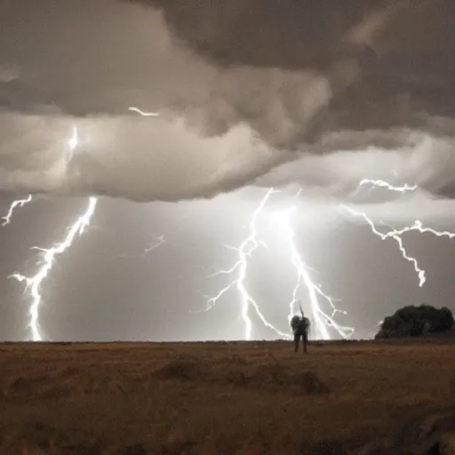 Prompt: in a dark room a man is struck by lightning