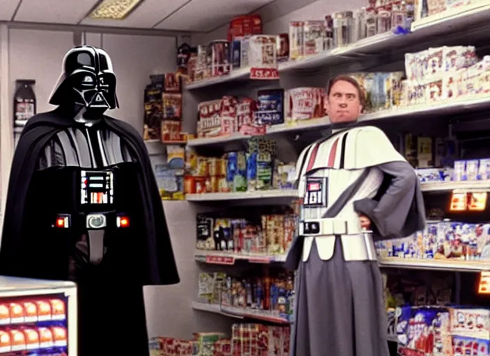 Image similar to film still of Darth Vader working as a clerk in a convenience store in the new Clerks movie 1994