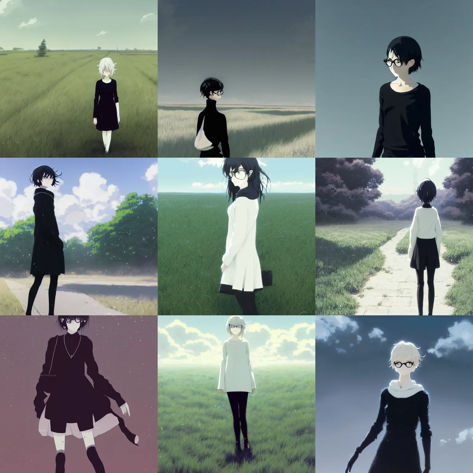 Prompt: cute girl in black sweater black sweater black sweater black sweater white white pale hair white white pale hair white white pale hair black glasses standing full body field background by greg rutkowski makoto shinkai kyoto animation key art feminine