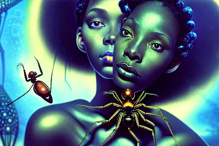 Image similar to realistic detailed photorealistic film portrait shot of a beautiful black woman with a giant spider, sci - fi city landscape background by amano, yves tanguy, alphonse mucha, ernst haeckel, max ernst, andrei tarkovsky, edward robert hughes, roger dean, necklace, dynamic pose, rich moody colours, wide angle, blue eyes