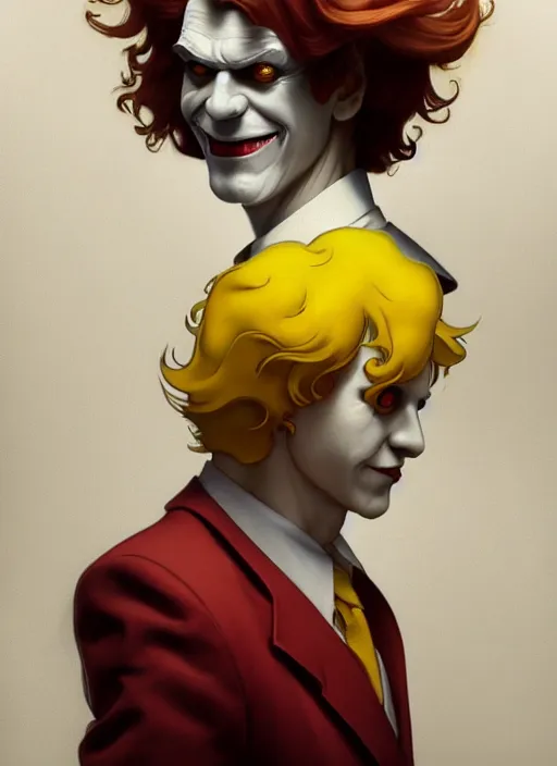 Image similar to close up portrait of ronald mcdonald, yellow jumper with white collar, sinister by artgerm, cushart krenz, greg rutkowski, mucha. art nouveau. gloomhaven, golden arches logo, pale colors, sharp edges. ultra clear detailed. 8 k. elegant, intricate, octane render