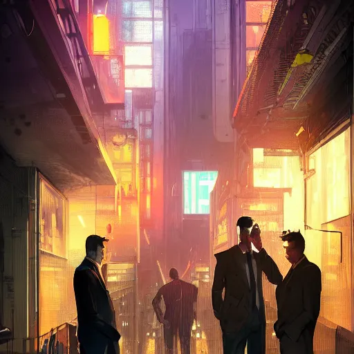 Image similar to two cyberpunk businessmen, detailed digital illustration by greg rutkowski, cyberpunk back alley, nighttime, colorful lighting