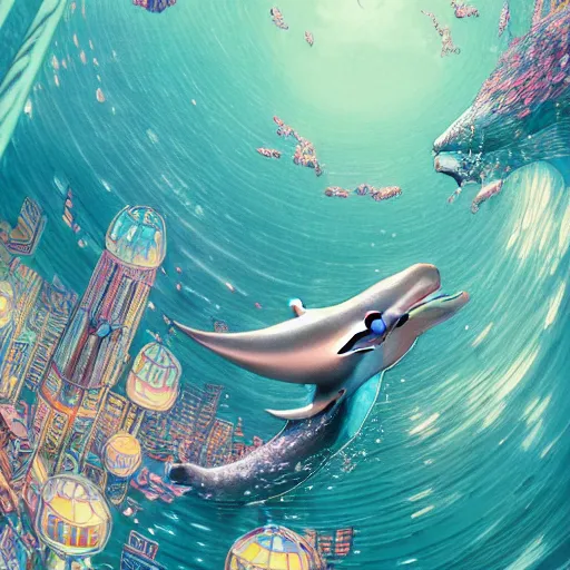 Prompt: a beautiful hyperdetailed character design 4 k wallpaper illustration of a cute dolphin, city by the sea, victo ngai cyberpunk style, from china, style of studio ghibli, makoto shinkai, raphael lacoste, louis comfort tiffany, artgerm, james jean, ross tran, chinese style