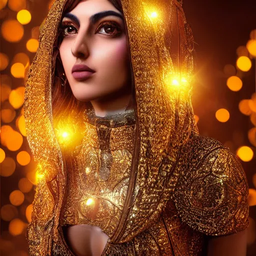 Prompt: beautiful centered Fine art photo portrait of persian girl as a solarpunk robotic humanoid with led lights decorated with golden persian ornaments, photorealistic, white background, highly detailed and intricate, sunset lighting, HDR 8k