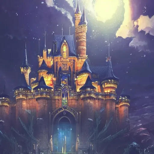 Image similar to An imposing and highly ornamented fantasy castle, Carved from Sapphire stone, Atmosphere, Dramatic lighting, Beautiful Landscape, Epic composition, Wide angle, by Makoto Shinkai