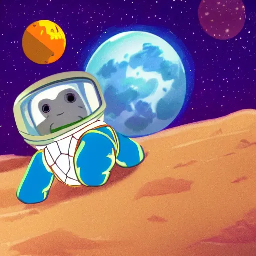 Image similar to a turtle as an astronaut on a space cowboy planet