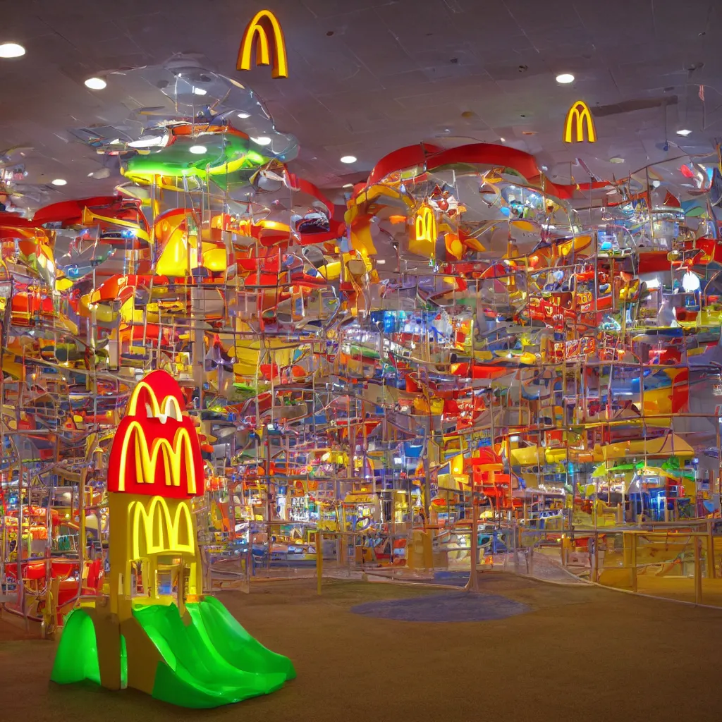 Prompt: a giant mcdonald's play place at night with the lights off after hours