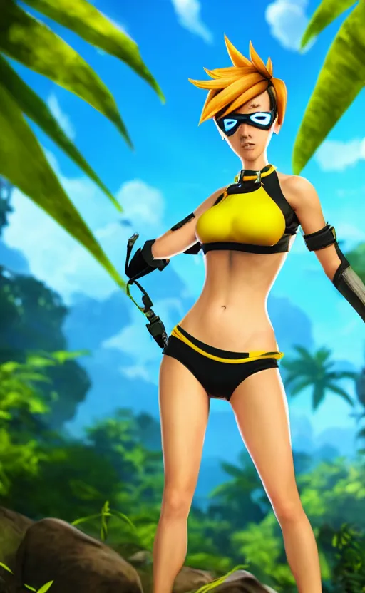 Image similar to tracer game character, in yellow bikini, blonde hair, black eyes, hands free, against the background of the jungle full height