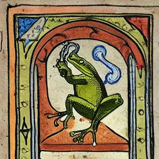 Prompt: medieval illustration of a frog practicing alchemy, illuminated manuscript