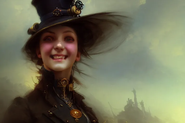 Image similar to Steampunk girl, portrait, evil, smile, grin, painting by Ivan Aivazovsky and Greg Rutkowski, artstation, fantasy, intricate, beautiful, cinematic, octane render, arnold render, 8k, hyper realism, detailed, sharp focus, 4k uhd, masterpiece, award winning