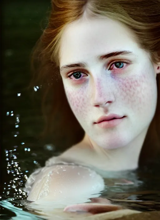 Image similar to Kodak Portra 400, 8K, soft light, volumetric lighting, highly detailed, britt marling style 3/4, extreme Close-up portrait photography of a beautiful woman how pre-Raphaelites with half face immersed in water, the hair floats on the water, a beautiful lace dress and hair are intricate with highly detailed realistic beautiful flowers , Realistic, Refined, Highly Detailed, natural outdoor soft pastel lighting colors scheme, outdoor fine art photography, Hyper realistic, photo realistic