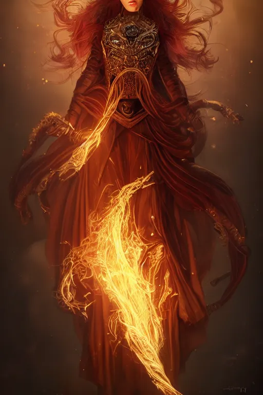 Image similar to a beautiful portrait of a young woman, steampunk Chandra sorceress of fire, big googles over her head, long flowing hair glowing with fire, steampunk costume mostly red and gold young female face, cinematic top lighting, insanely detailed and intricate, face by wlop, Charlie Bowater, golden ratio, symmetric, elegant, ornate, luxury, elite, matte painting, cinematic, trending on artstation, deviantart and cgsociety, 8k, high resolution