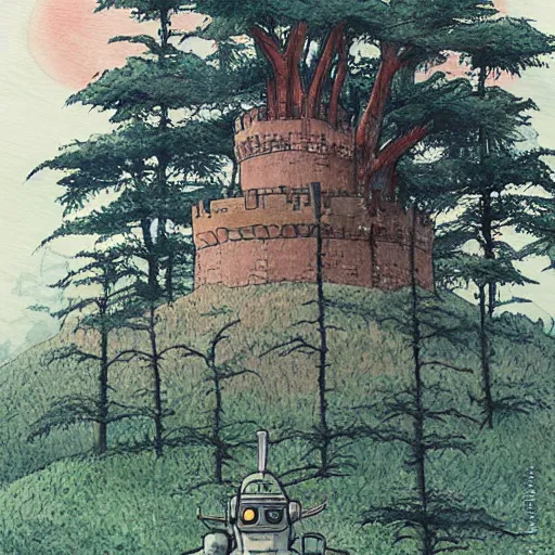 Image similar to laputa castle in the sky robot hayao miyazaki stands in a small clearing among trees, watercolor illustration for a book