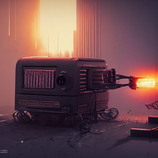 Image similar to toaster oven robot, mechanical, machine, octane render, sharp focus, hyper - realistic, intricate, detailed, eduard pronin, luka mivsek, ruan jia, dark messy smoke - filled cluttered workshop, dark, dramatic lighting, orange tint, sparks, cinematic, highly detailed, sci - fi, futuristic, movie still