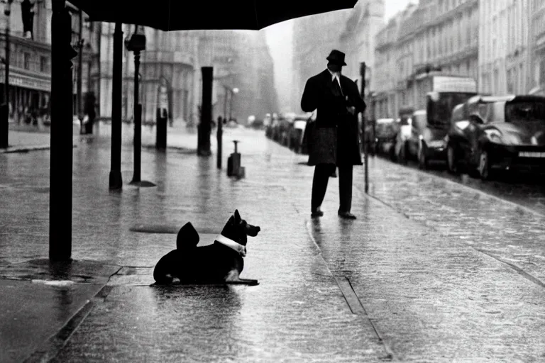 Prompt: a photograph of a dog in a business suit sat at the bus stop reading the newspaper, on a french parisian street in the morning on a rainy day, by henri cartier bresson, cinematic, beautiful lighting, leica