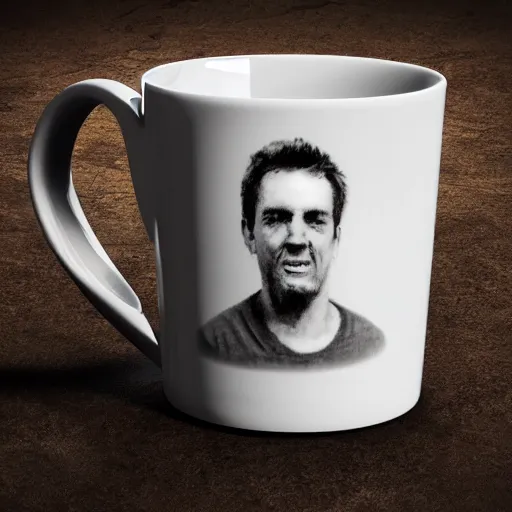 Image similar to a mug of an ugly mug on a mug, photorealistic,