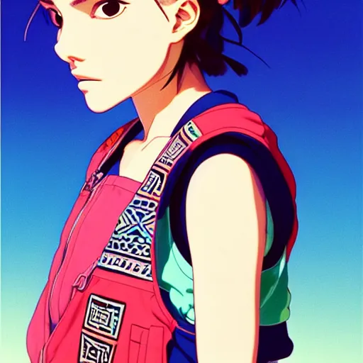 Image similar to a beautiful! boyish! natalie portman alluring gravure! model, wearing oversized mayan bomber jacket and leotard with overalls, bulky poofy bomber jacket with mayan patterns, aztec street fashion, trending on pixiv fanbox, painted by greg rutkowski makoto shinkai takashi takeuchi studio ghibli, akihiko yoshida